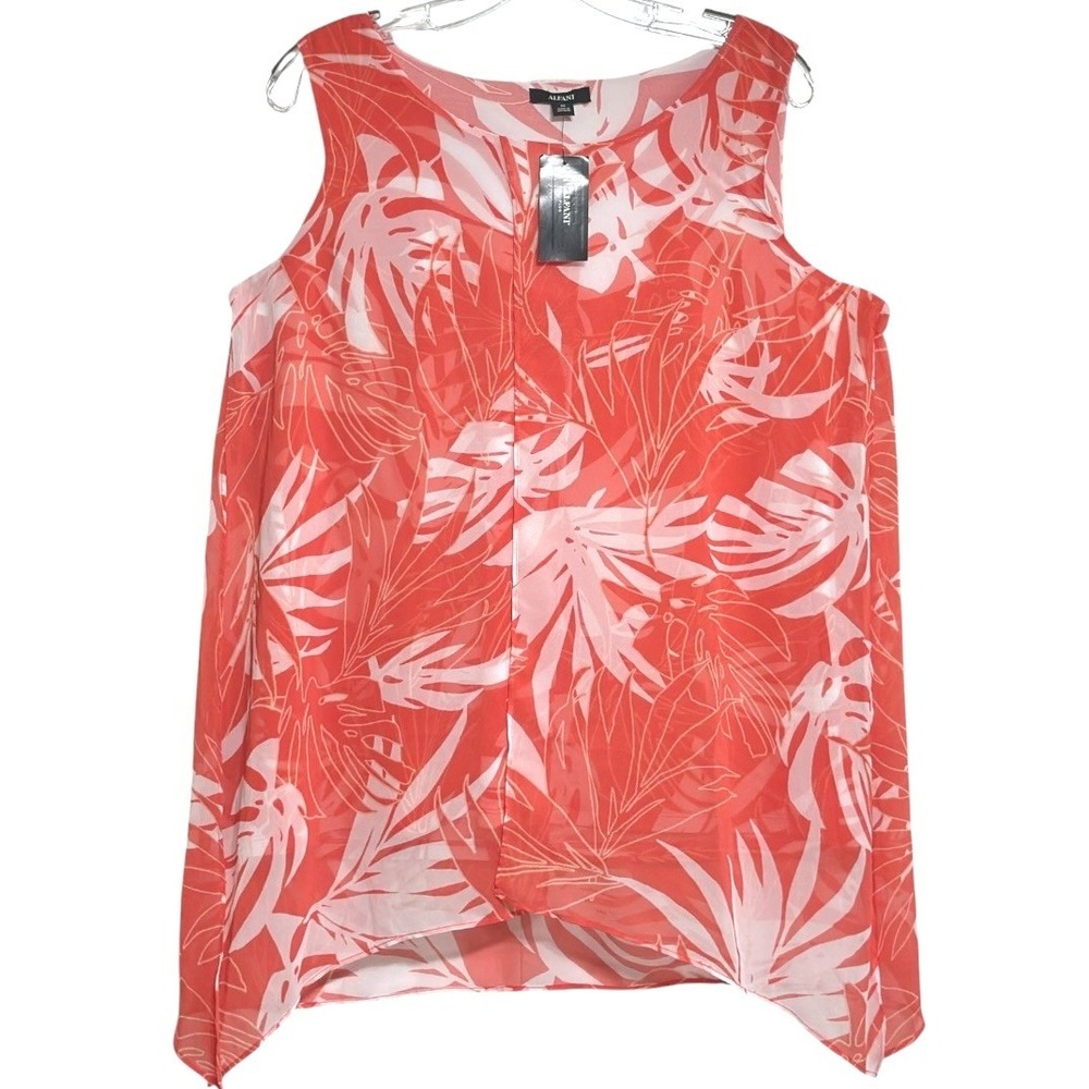 Alfani Sleeveless Top Women Coral White Leaf Handkerchief Hem Sheer Overlay 0X